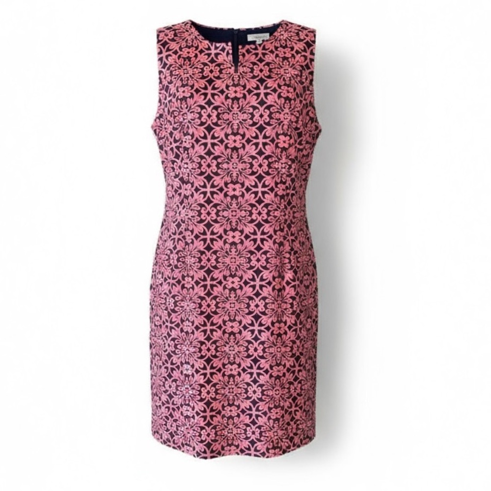 Talbots Damask Navy Pink Pique Sleeveless Midi Shift Dress